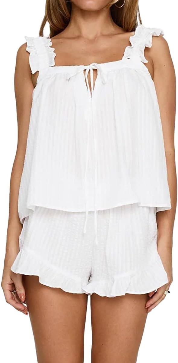(Incomplete only short ) Womens Ruffle Short Set 2 Piece Outfits Fashion Summer Sleeveless Top and Shorts Cozy Pajama Sets Large White 4a03