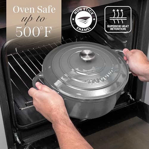 Image of Cast Iron Pot with Lid-Non-Stick Ovenproof Enamelled Casserole Pot, Oven Safe up to 500 F-Sturdy Dutch Oven Cookware - Grey, 5-Quart, 24cm-by Nuovva