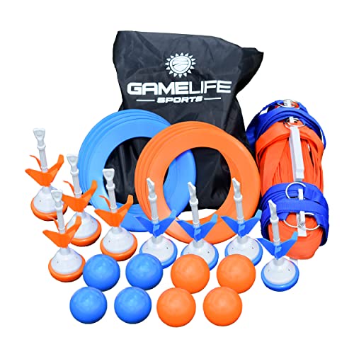Outdoor Yard Game Premium Bocce Ball Set, up to 60 ft Nylon Court, 8 Bocce Balls, 8 Lawn Darts, 8 Flying Rings, Ground Stakes, Bag. Family Game, Teen, Boys & Girls 15 Years and Older