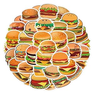 55 calcomanías de hamburguesa para niños, lindas calcomanías de comida para botella de agua, calcomanías de vinilo para hamburguesas para laptop, álbum de recortes, diario, patineta, recuerdos de