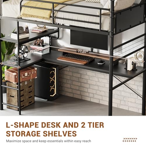 GarveeHome Loft Bunk Bed with L-Shaped Desk,Twin Loft Bed with Desk Underneath,Metal Bunk Beds with High Guardrail and Ladder for Kids/Teens/Adults,Easy Assembly, Vintage Black