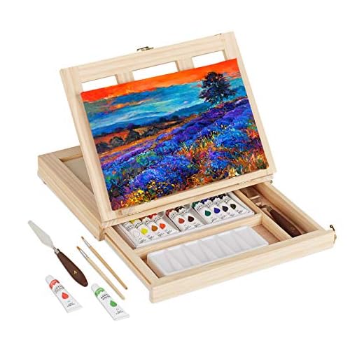 Relaxdays Caballete Mesa y Kit de Pintura, Piezas, Lienzo, Pincel, Acrílicos, Espátula y Paleta, Ajustable, Natural, Pino Metal Plástico Madera, 19-tlg