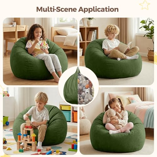Image of Stuffed Animal Storage Bean Bag Chair Cover for Kids (No Filler), Soft Comfy Velvet Beanbag Chair Cover Machine Washable,Kids Bean Bag Chair with Handle for Living Room Bedroom Dorm,Dark Green