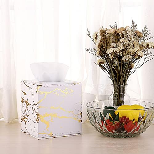 BTSKY PU Leather Household Office Cube Tissue Paper Holder Box Cover Case Napkin Holder (Marble Gold)