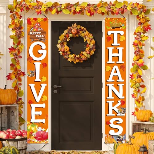 GIVE THANKS Hanging Banner Porch Sign Autumn Pumpkin Maple Leaf Backdrop Flag Fall Harvest Welcome Banner For Indoor Outdoor Wall Door Decoration Thanksgiving Party Decorations 72"x12"