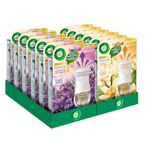 Airwick Kit Diffusore Elettrico di Oli Essenziali, Confezione da 12 Kit (Gadget e Ricarica), Profumatore per Ambienti Elettrico, 6 alla Fragranza di Lavanda, 6 Vaniglia