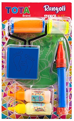 Image of TOTA DIY Rangoli making Tool Kit for Diwali Pooja and Home Decor - 2 Rangoli Squeeze Bottles, 1 Assorted Stencil, 1 Magic Rangoli Filler, 1 Rangoli Pen, 1 Rangoli Stencil Roller