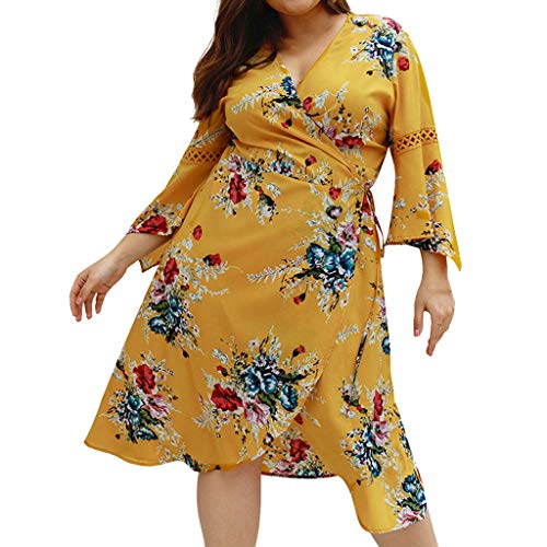 Dress for Women Plus Size,Kingwo Ladies Large Size Evening Party Dresses V-Neck Floral Print Flare Sleeve Bandage High Waist A Line Dress Mini Dress UK Size 18~26(Yellow,XXXXXL)