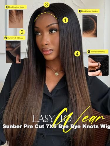 Image of Sunber Yaki Straight Ombre Chestnut Human Hair Wigs with Drawstring Upgrade 3D Cap Put and Go Bye Bye Knots Pre Cut 7x5 HD Lace Front Glueless Yaki Wigs Pre Plucked Invisible Knots 3S Wear 22Inch