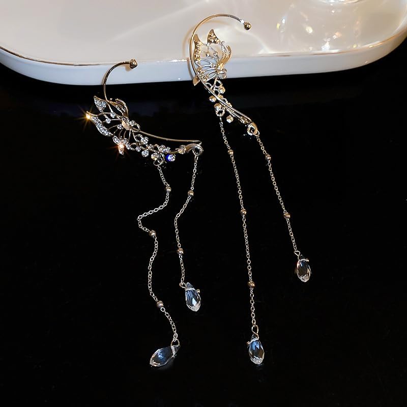 Sparkly Butterfly Crystal Rhinestone Dangle Drop Ear Cuff Long Chain Rhinestone Crystal Chandelier Earring Ear Cuff Butterfly Non-Piercing Fake Earrings for Women - Image 5