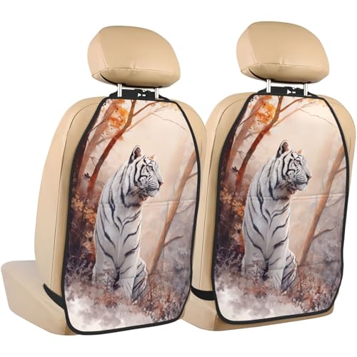Beautiful White Tiger in Forest Car Seat Back Kick Protectors,2 Pack Kick Mats with Storage Pockets for Vehicles to Protect from Dirt Mud Scratches