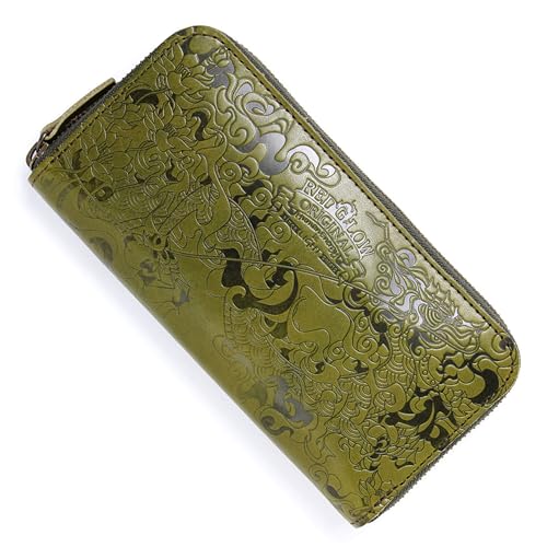 Red Glow RG-004 Men's Long Wallet, Made In Japan, Tochigi Leather, Genuine Leather, Round Zipper, Dragon Embossed, Japanese Pattern (Khaki)