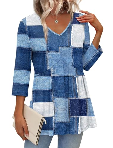 Image of OFEEFAN 3 /4 Length Sleeve Womens Tops 2026 Blouses for Women Dressy Casual Fashion Clothing V Neck Babydoll Tops Fall Outfits