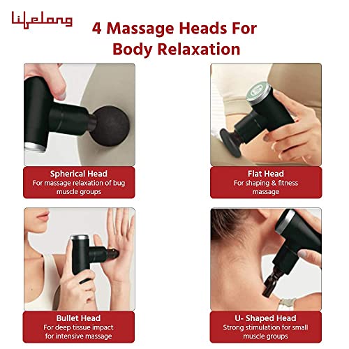 Image of Lifelong Wireless LLGM27 Powerful Gun Massager with 4 Heads|Deep Tissue Percussion Muscle Massager for Pain Relief & Recovery|Portable Handheld Electric Fascial Gun Massager (1 Year Warranty, Black)