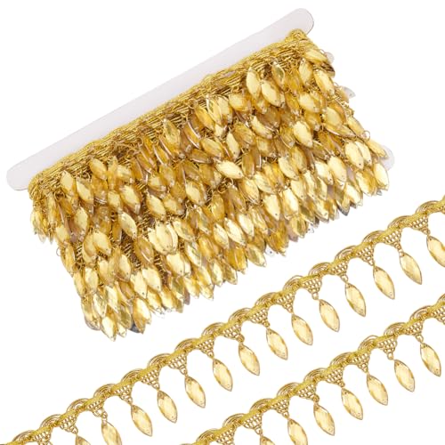 FINGERINSPIRE 10Yards/9.14M Hanging Beads Fringe Lace 40mm Wide Gold Metallic Braid Lace Trim with Horse Eye Beads Tassel Champagne Yellow Beads Sew on Fringe Ribbon for DIY Crafts Decoration