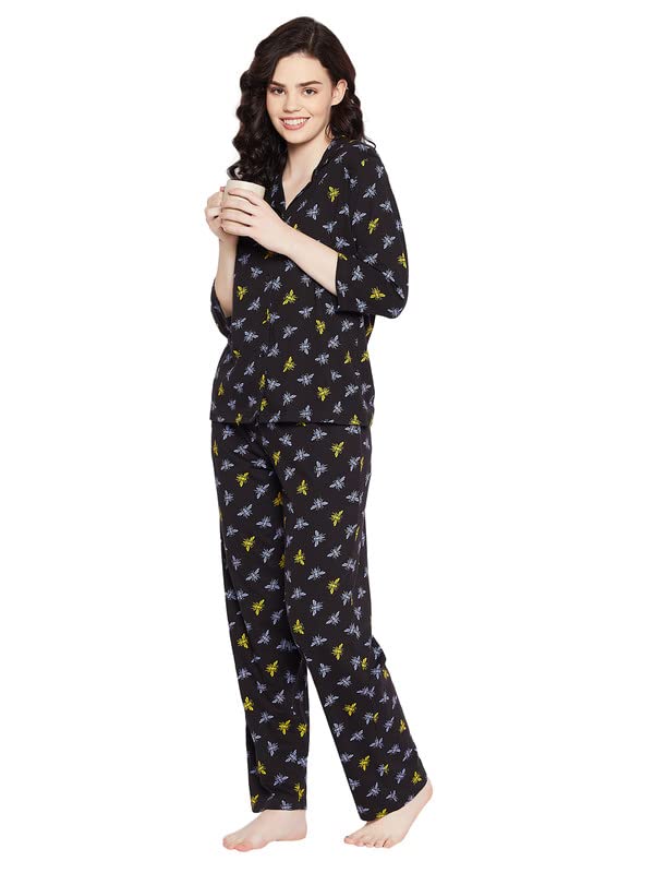 Image of Clovia Women's Cotton Printed Button Me Up Shirt & Pyjama Set in Black