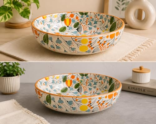 Image of Niyara Meadow Bloom Ceramic Serving Bowl Set of 2 | Premium Handmade Floral Salad & Pasta Bowls | Decorative Tableware for Dining & Gifting