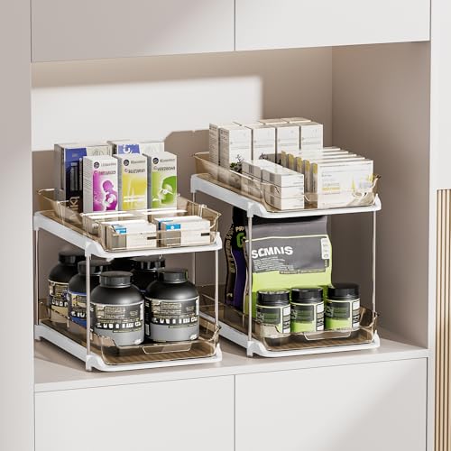 Delamu 2 Sets of 2-Tier Multi-Purpose Bathroom Under Sink Organizers and Storage, Stackable Kitchen Pantry Organization, Pull Out Medicine Cabinet Organizer with 8 Movable Dividers, Amber