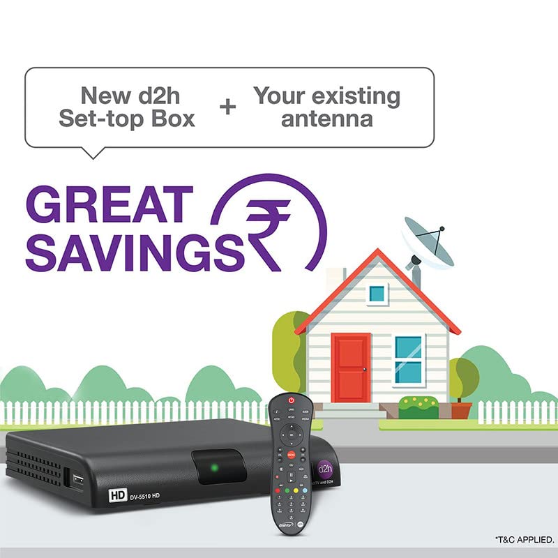 Image of d2h HD Only Set Top Box Offer | DTH Connection | 1 Month Subscription of FTA Super Value Hindi Pack (Free to Air Channels only) + Free Standard Installation- No Dish Antenna