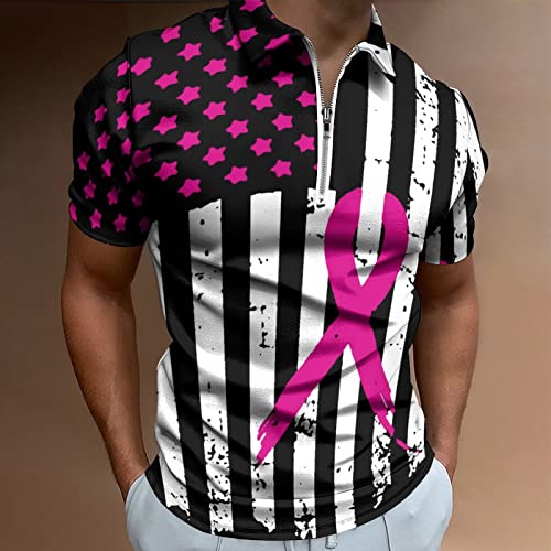Pink Ribbon Breast Cancer Awareness Flag Men's Polo-Shirts Short Sleeve Golf Shirt Slim Fit Casual Zip T-Shirts Tops2