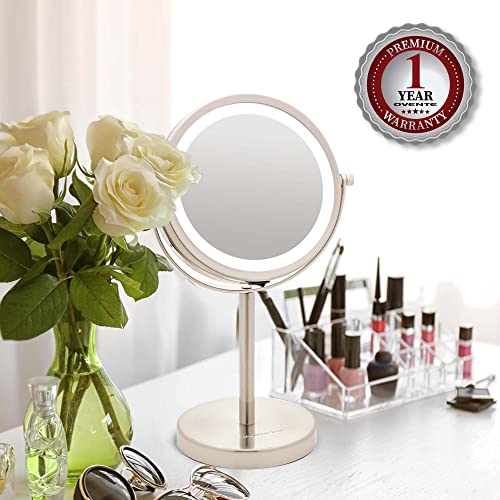 Image of OVENTE Lighted Vanity Mirror 6 Inch Table Top 1X 7X Magnification LED 360 Adjustable Double Sided Spinning Personal Makeup Stand Desk Bathroom Battery Powered Round Large Nickel Brushed MLT60BR1X7X