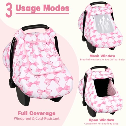 Image of Car Seat Cover Baby, HNHUAMING Infant Car Seat Covers Canopy for Baby Girl Boy, Cozy & Windproof Newborn Carseat Covers Minky Dot Backing Stroller Cover with Breathable Mesh Window, Pink Bow