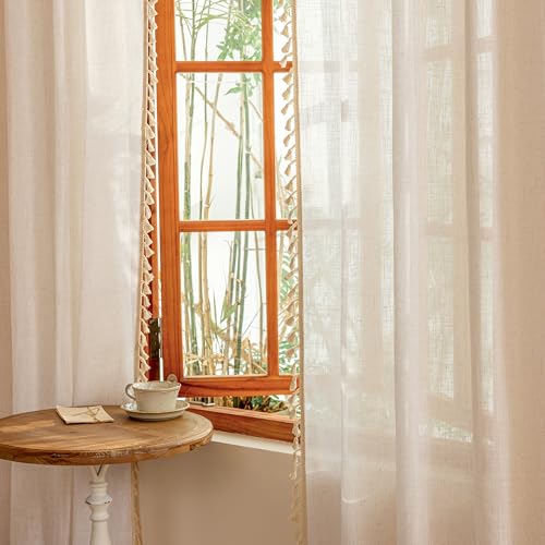 Image of MYSKY HOME Boho Cream Curtains with Macrame 72 Inch Length, Semi Sheer Drapes for Living Room Privacy Protect Rustic Farmhouse Style Back Tab for Doorways, 50 inch x 72 inch, Natural,2 Panels