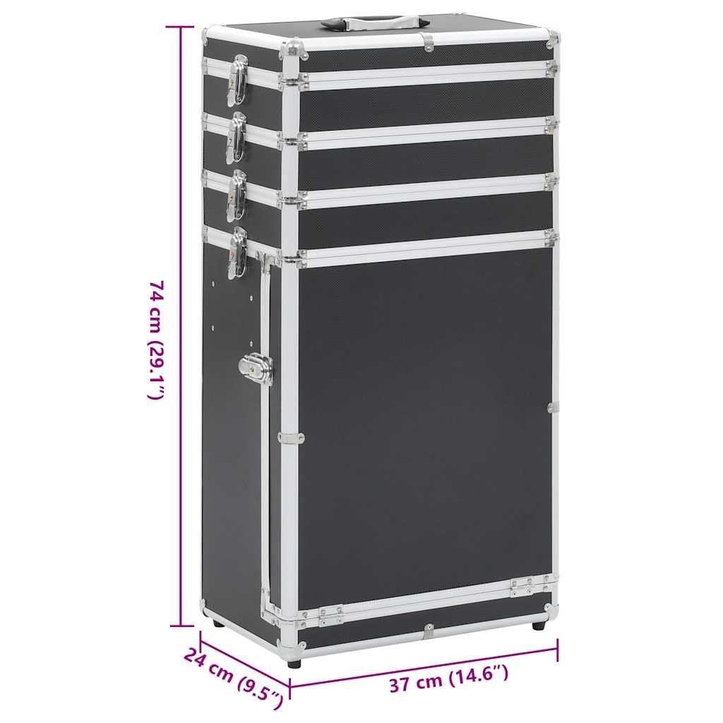 Walizka na kosmetyki aluminiowa czarna z 4 stopniami, 1 szuflada 37 x 24 x 74 cm, zdejmowane kółka, organizer do makijażu, produkt do pielęgnacji, podróż, bagaż podręczny