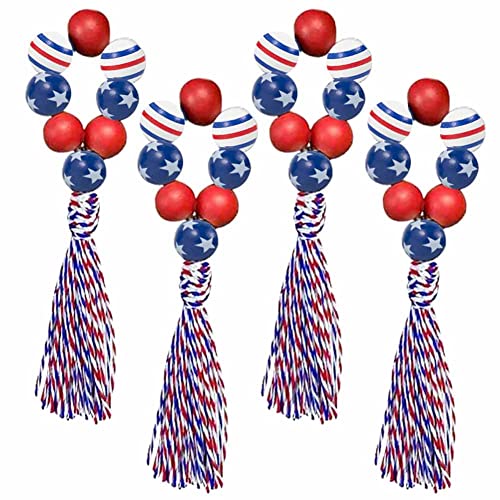 LuckyShe 4. Juli Dekoration Serviettenringe Bauernhaus Holzperlen Quasten Kranz Dekoration für Zuhause Tisch, 4. Juli patriotisch, 4 Stück Cover