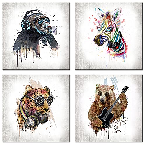 Byllyaz Animals Canvas Wall Art For Bedroom Decor Vintage Watercolor Music Chimpanzee With Zebra Bear Leopard Framed Print Picture For Kids Room 4Pcs/Set 12X12 #TOP1
