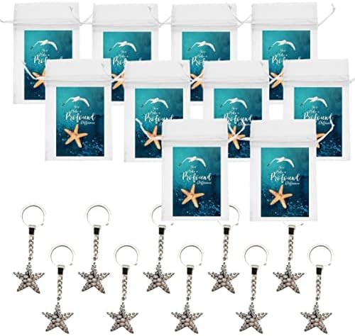 Smiling Wisdom Starfish Story | 10 Bulk Appreciation Gifts | 10 Cards +10 Bags+10 Keychains | Team Staff Volunteers Teachers | Make a Profound Difference | Teal Cards Silver Hollow Starfish