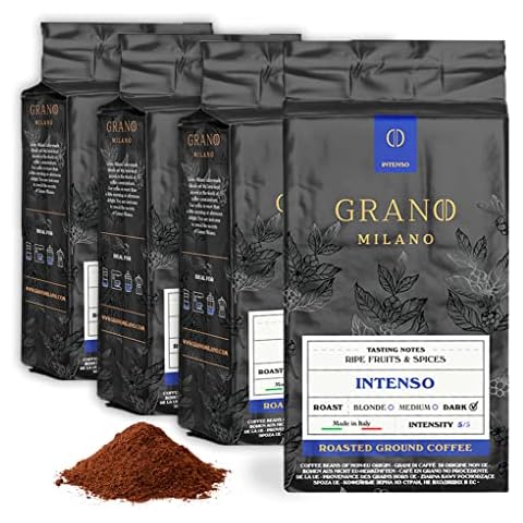 Grano Milano Ground Coffee Intenso Arabica and Robusta Extra Strong Coffee, Dark Roast Intensity 5/5, Made in Italy (4 x 250g) Cover
