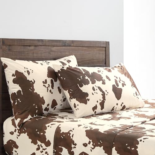 Image of Paseo Road Elsa 4 Piece King Cream Brown Cow Print Cotton Sheet Set