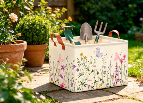 Image of CLOCOR Rectangular Storage Basket Empty,Gift Basket,Waterproof Storage Bin with Handles,Room Decor(Flower)