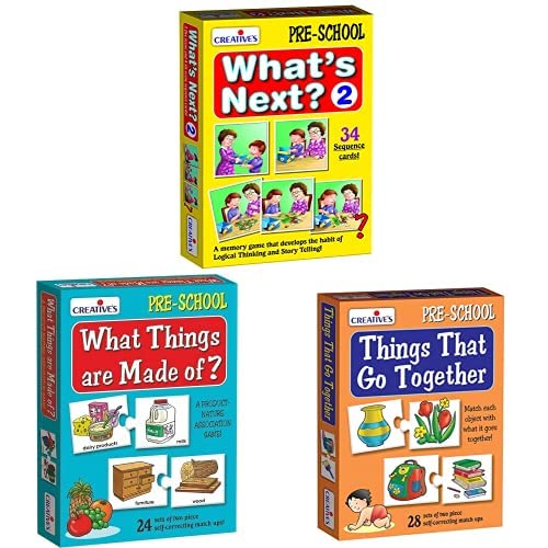 Image of CRE0686 What's Next & What Things Are Made Of Card Games & CRE0625 Things That Go Together Puzzle (Multicolour, 56 /48 /34 Pieces) - Educational Set for Kids