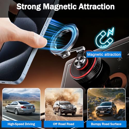 Magnetic Car Phone Mount, 120+ LB Vacuum Suction & 3000gf Magnetic Force, 360° Triple-Axis Adjustable Car Holder for iPhone & All Phones, Twist-Lock Suction Cup, Quick-Release – Black - Image 5