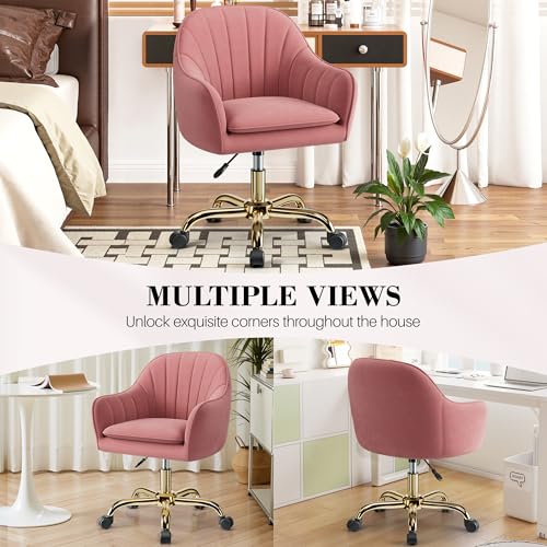 Image of Vanity Chair with Wheels, Comfy Home Office Desk Chairs Adjustable Modern Velvet Makeup Vanity Chairs for Bedroom Living Room-Dusty Rose