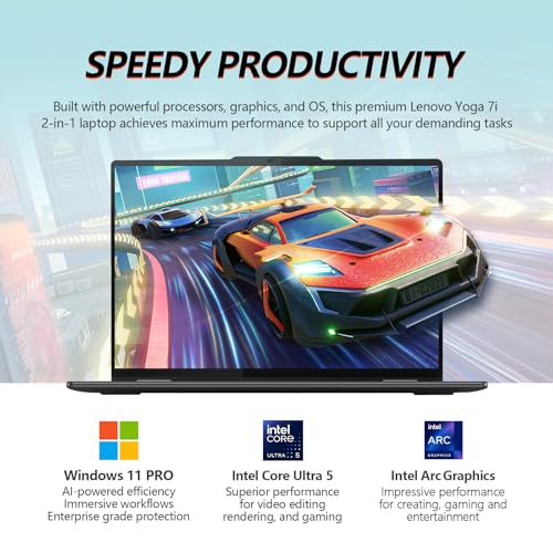 Image of Lenovo Yoga 7i 2 in 1 Laptop Touchscreen Computer, 16 inch 2K IPS Touch Screen Convertible Copilot+ AI PC, Intel Core Ultra 5, 16GB DDR5 1TB SSD Windows 11 Pro, Backlit Keyboard, Fingerprint,Thunderbolt
