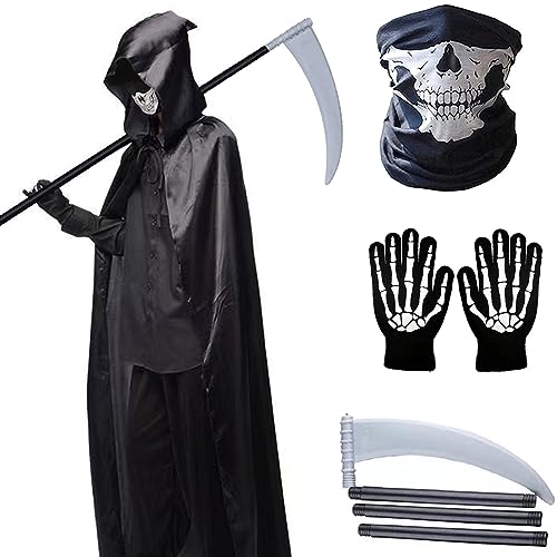Costume Di Halloween Da Uomo - Set Di 6 Costumi Da Spaventoso Mietitore Della Morte Per Adulti Con Maschera, Falce (123 Cm) E Catena Metallica - Foto 6