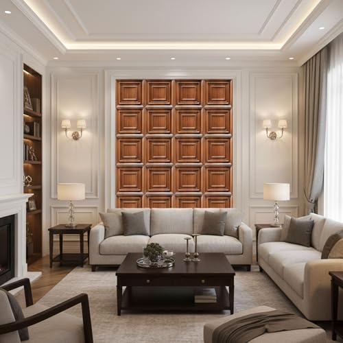 Image of Kayra Decor 3D PVC Wall Panels for Bedroom & Living Room | Frame Design |Wooden Color | 19.7 x 19.7 Inch | Pack of 12 | 32.28 Sq Ft