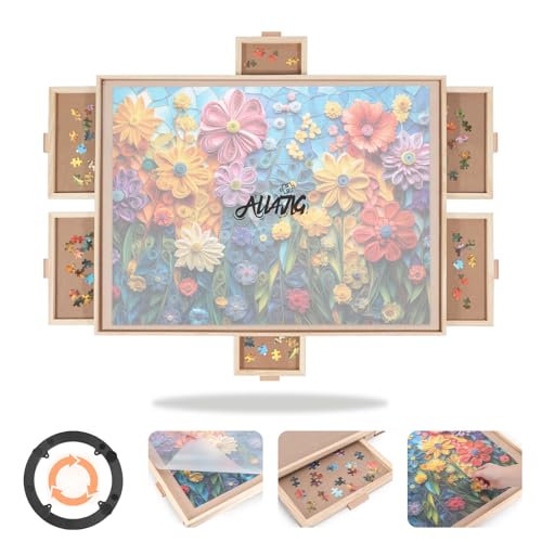 ALL4JIG 1500 Pieces Rotating Puzzle Board with 6 Drawers and Cover,24.92'x33.58'Portable Wooden Jigsaw Puzzle Table for Adults,Lazy Susan Spinning Puzzle Boards Gift for mom,Surface for Lego Building