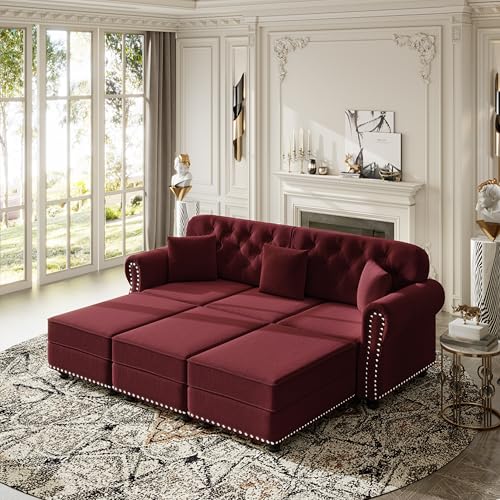 Image of KEIKI 83 inch Velvet Chesterfield Sofa with Rolled Arms & Nailhead Trim & 3 Ottoman, Modern 3-Seater Button Tufted Couch with High Resilience Cushion & 3 Pillow, Easy Assembly, for Living Room, Burgundy