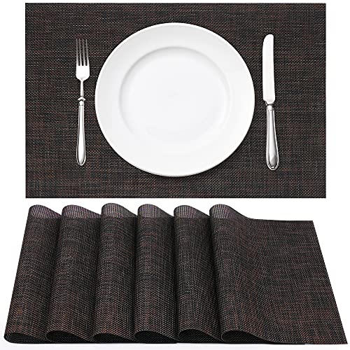 Vinyl Woven Placemats for Dining Table Set of 6, Washable Heat Resistant Place Mats for Home Kitchen Dinner, Indoor Outdoor Placemats for Patio Table, Black Brown Rectangle Table Mats by WEHVKEI