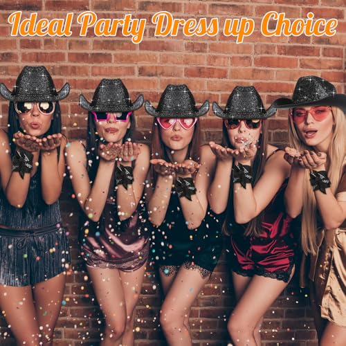 Image of Coume 12 Pcs Sparkly Adults Cowboy Hat and Bandanas Women Men Western Glitter Cowgirl Party Hats with Adjustable Drawstring