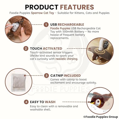Image of Foodie Puppies Interactive 3 Mode Flapping Wings Bird Cat Toy with Catnip - (Flapping Sparrow) for Cats & Kittens I Touch Activated, Rechargeable, Chirping Sparrow Sound Plush Toys for AduIt Bored Cat