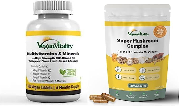 Vegan VitalityEnergy Booster Bundle - Vegan multivitamins and Super Mushroom Complex. High Strength Plant Based Formula for Immunity, Energy Overall Health for Vegans and Vegetarians