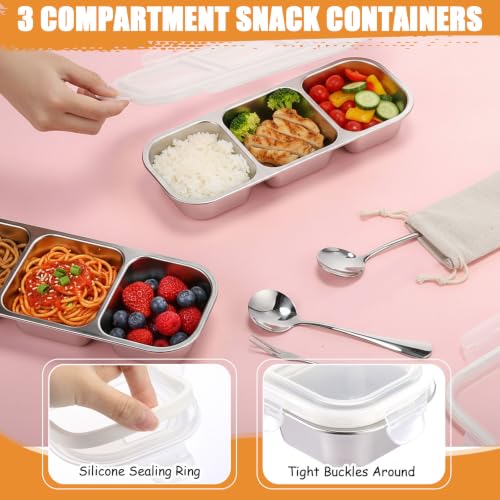 Image of 8 Sets Stainless Steel Snack Containers with Lids, 3-compartment