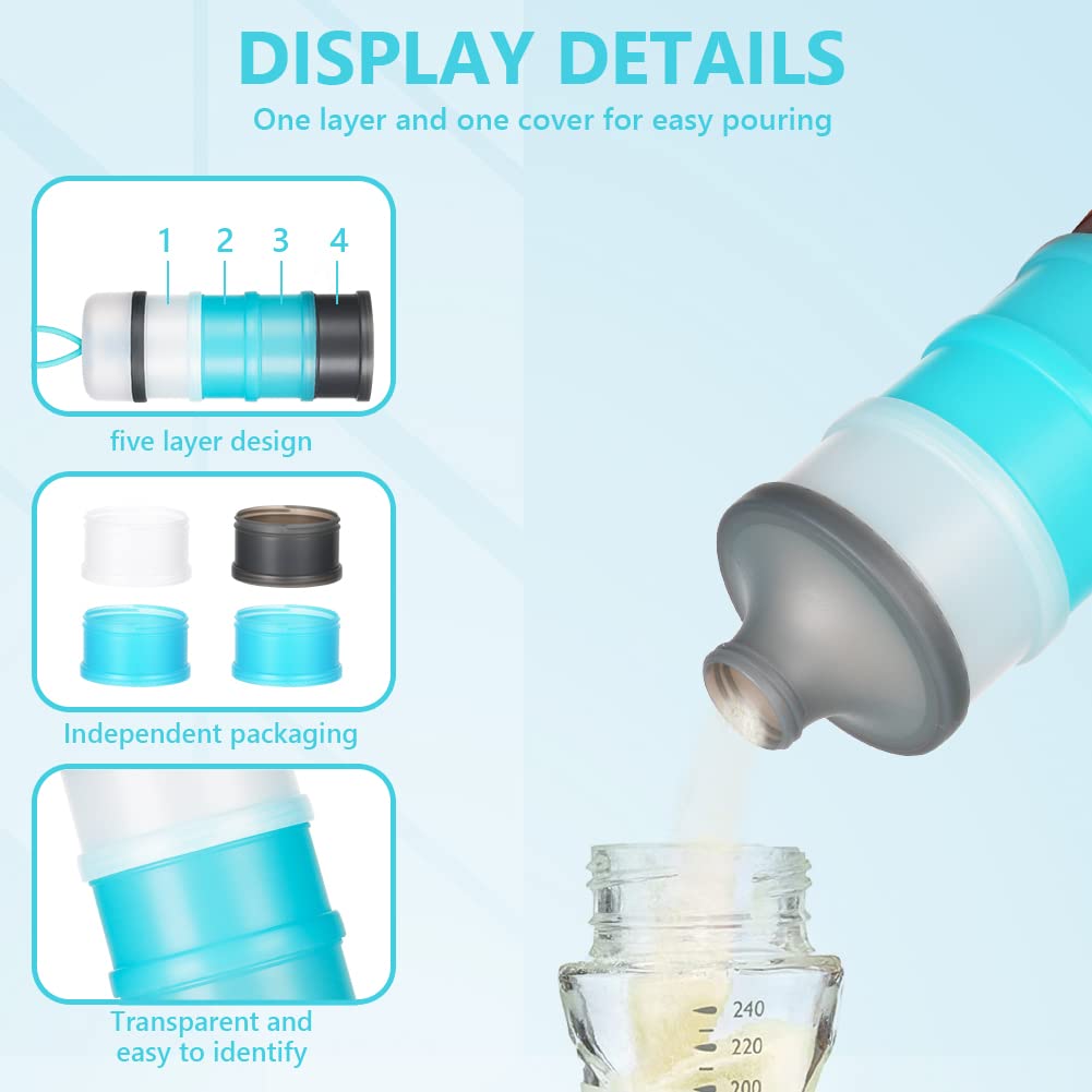 Vicloon Dosatore per Latte in Polvere, Dispenser di Latte in Polvere con 4 Scomparti, Impilabile Contenitore Spuntino e Dosalatte in in Polvere per Viaggio, Cereali, Frutta (Grigio, Blu)