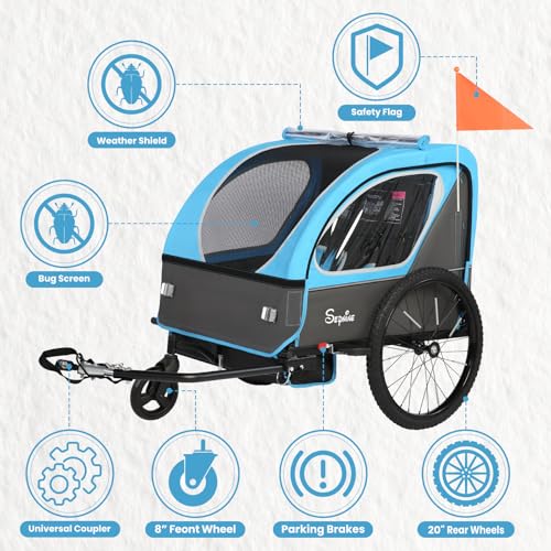 Image of Sepnine Kids Bike Trailer, 2 in1 Canopy Carrier Converts to Pushcart Suitable for 1 to 2 Toddlers, Kids, Quick Attach to Bike, Foldable, with 5-Point Harness and Storage Bags