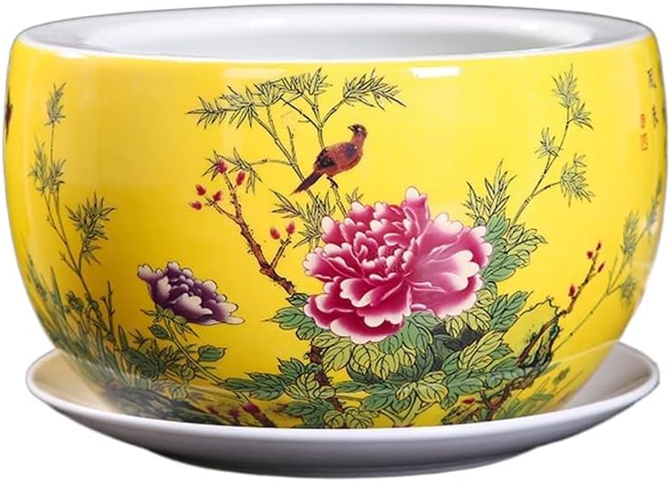 Yellow Ceramic Planter Pot with Peony & Bird Design Round Oriental Porcelain Flowerpot with Drainage & Saucer for Indoor/Outdoor Plants, Bonsai, Succulents & Orchids Decorative Gift